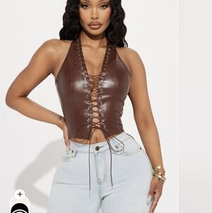 Fashion Nova Brown Lace-Up Halter Corset Top